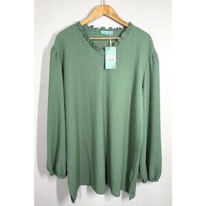 NWT Sunshine & Rodeos Green Ruffle V-Neck‎ Tunic Blouse Women's Size 2XL Spring